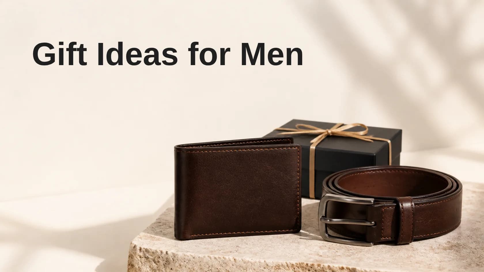 Leather wallet, leather belt and a black gift box on a light stone slab