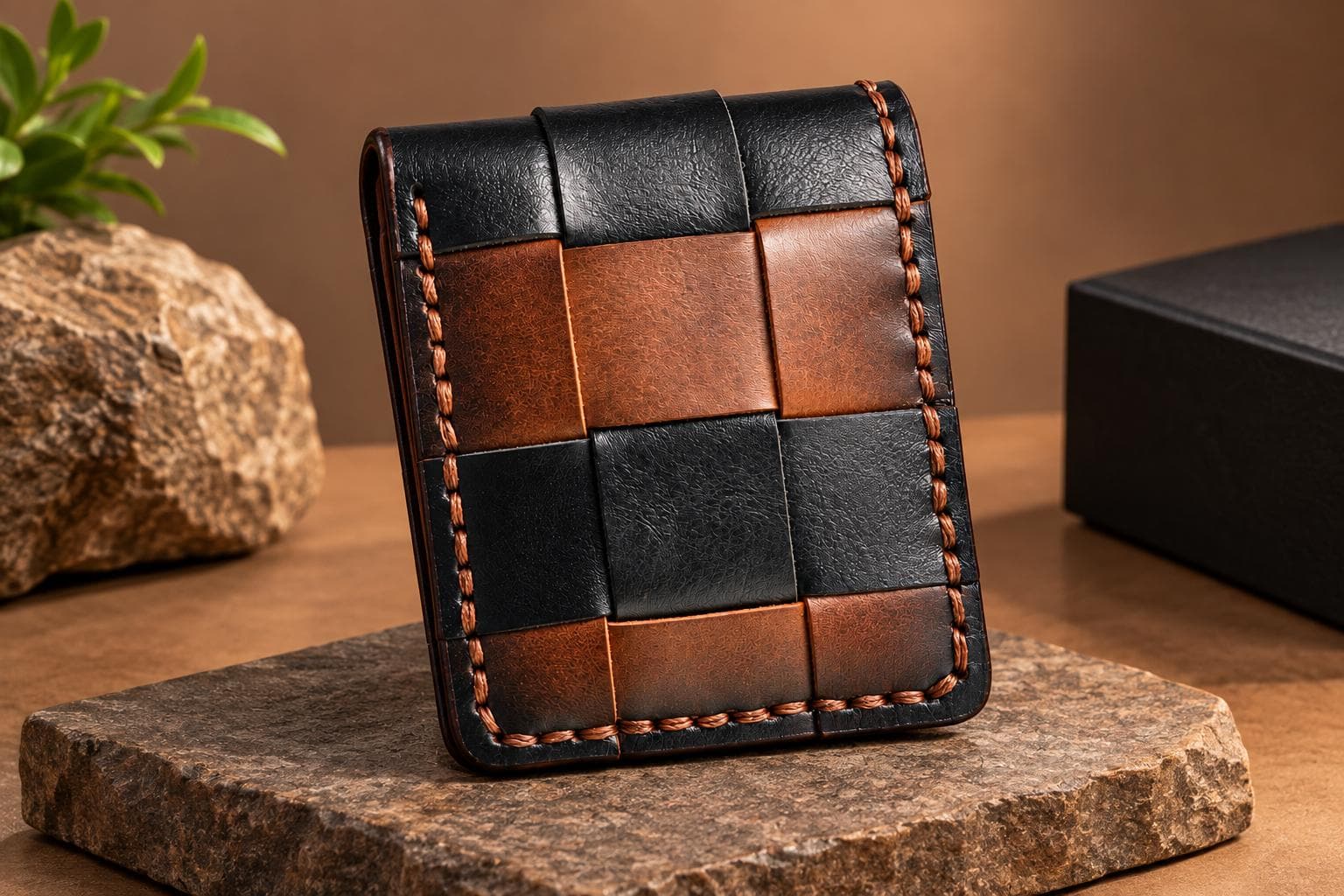 Handmade Woven Genuine Leather Bifold Wallet – Black & Brown