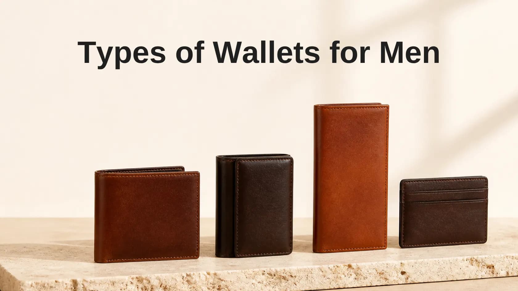 Four men's leather wallets in a row: bifold, trifold, long wallet and card holder