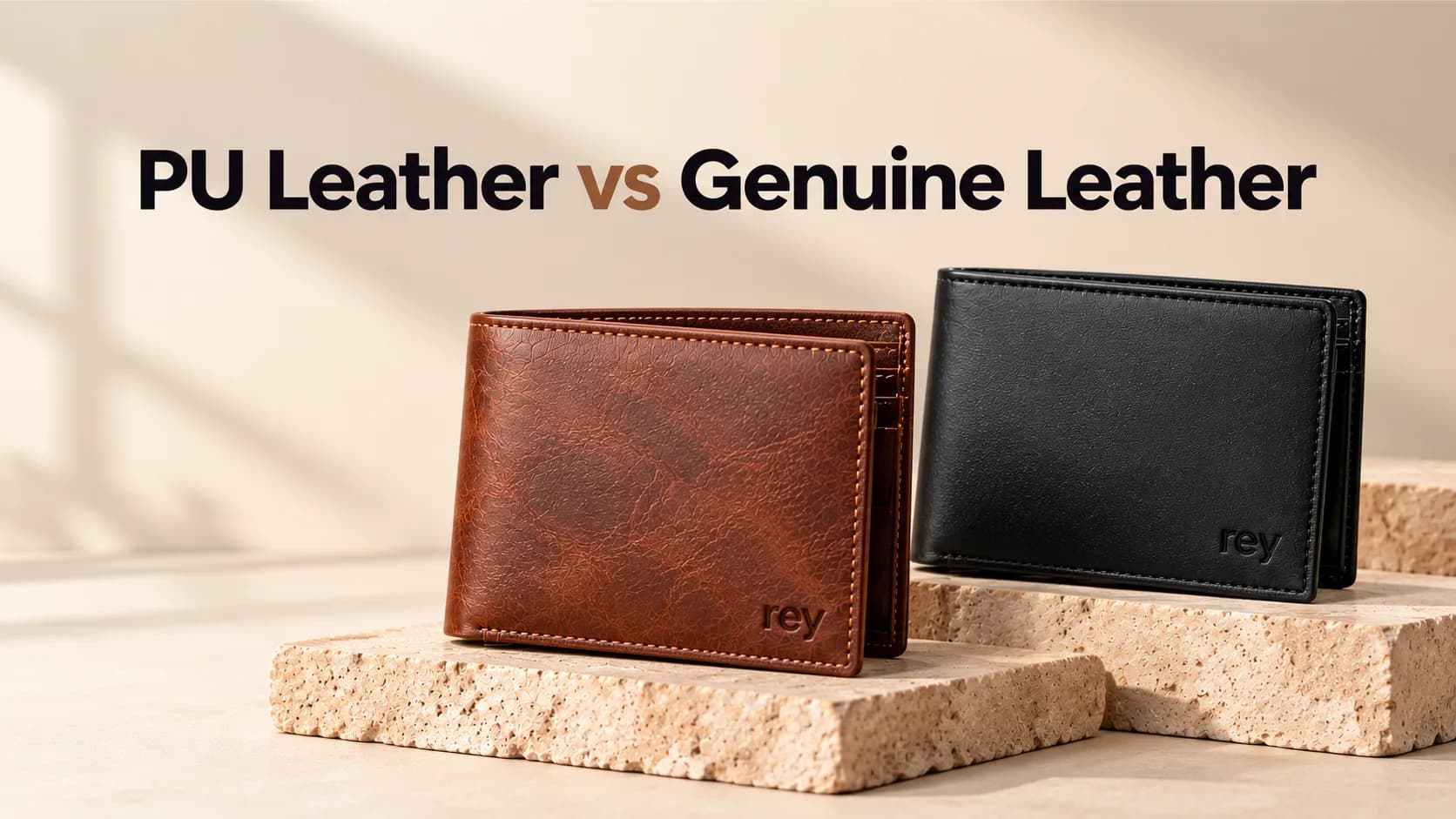PU leather and genuine leather wallets side by side, showing how to tell the difference